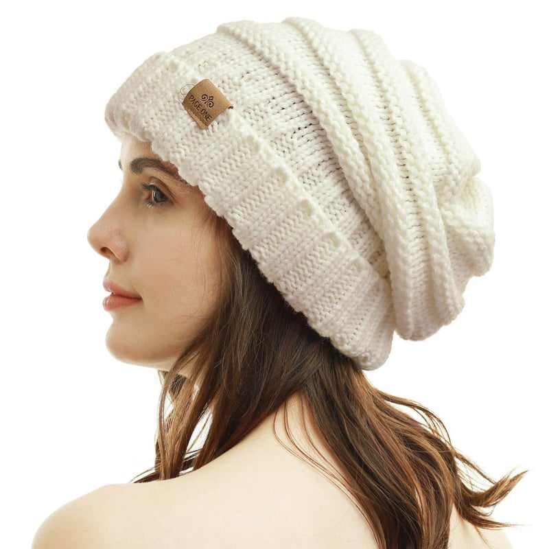 PAGE ONE Womens Winter Beanie Warm Cable Knit Hat Style Stretch Trendy Ribbed Chunky Cap White - Image 1